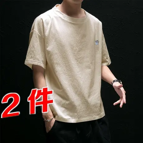 亚麻薄款短袖T恤男潮牌2021刺绣简约韩版潮流宽松男装休闲夏上衣商品大图