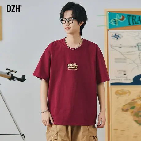 男士300g重磅酒红色t恤男短袖夏季男款纯棉2023新款宽松上衣衣服商品大图