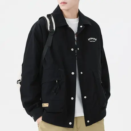 男士黑色夹克外套男春秋款潮流百搭2023新款宽松休闲上衣纯棉男装商品大图