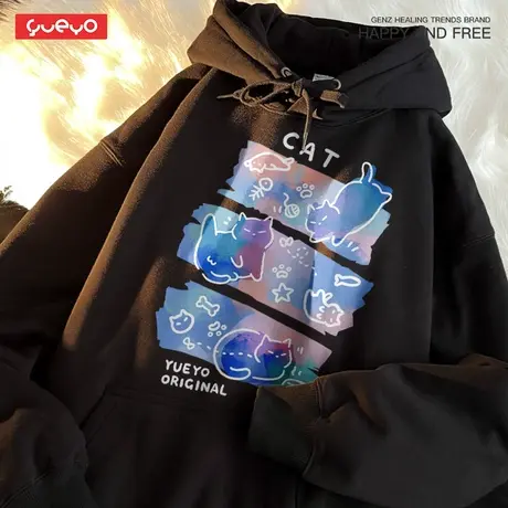 悦游 炫彩三猫 潮流宽松套头连帽卫衣男梦幻印花原创小众卡通商品大图