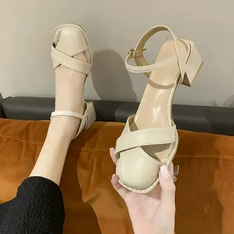 森系包头凉鞋女仙女鞋子2023夏季新款粗跟复古法式休闲沙滩罗马鞋商品大图