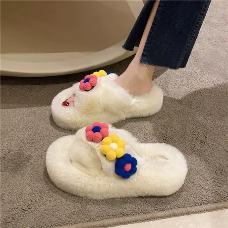 毛毛拖鞋女外穿2024新款韩版ins潮鞋秋冬厚底花朵棉拖鞋子春夏季商品大图