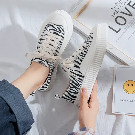 2021夏季新款韩版ulzzang百搭斑马纹帆布鞋子女休闲ins街拍板鞋潮商品大图