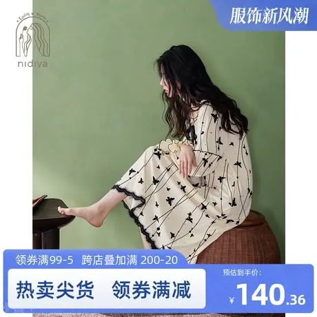 妮狄娅睡衣睡裙女纯棉长袖套头甜美春秋季宽松中长款新中式家居服商品大图
