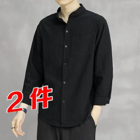秋季衬衫男士长袖立领衬衣韩版潮流七分袖上衣服百搭港风薄款外套商品大图