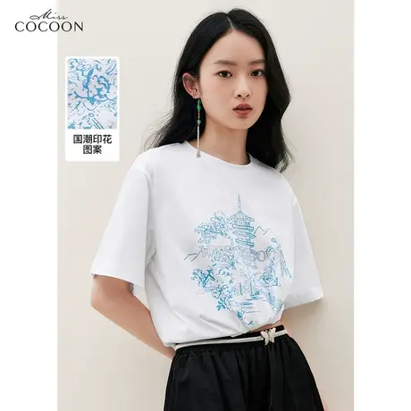 missCOCOON时尚印花短袖T恤女2023夏装新款百搭圆领中袖体恤上衣商品大图