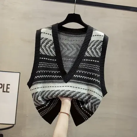 套头针织马甲背心女外穿V领无袖外套夹色内搭坎肩黑白配无袖毛衣商品大图