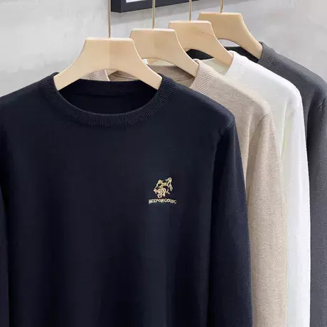 男士秋冬季圆领保暖线衣青少年学生打底针织衫潮流虎头刺绣毛衣图片