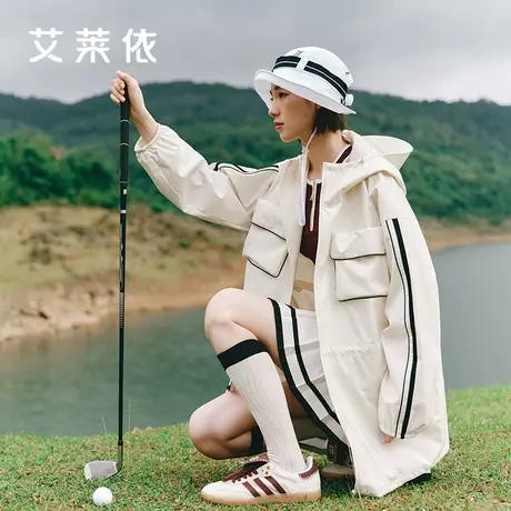 艾莱依户外轻运动外套女春季新款连帽收腰中长款科技面料休闲上衣商品大图