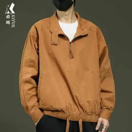 希越春秋款高级感外套男秋冬工装半拉链夹克宽松大码男士纯棉上衣商品大图