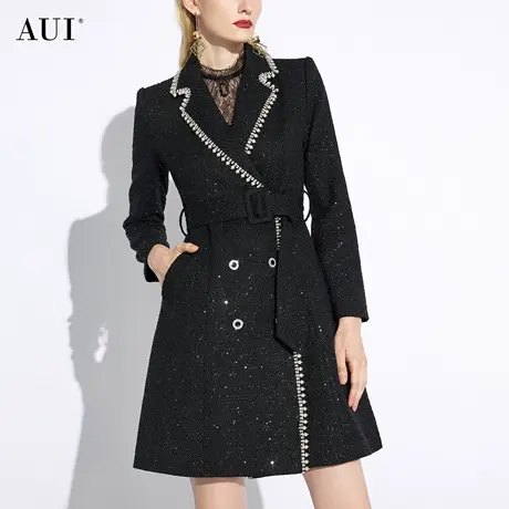 AUI黑色高级感小香风西装外套女2024早春新款气质收腰中长款大衣图片