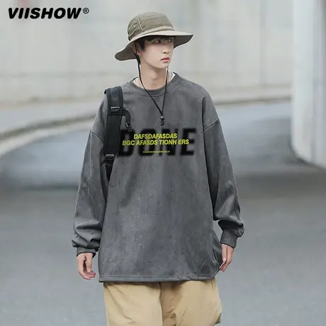 VIISHOW卫衣男春秋季新品宽松无帽外套重磅潮牌麂皮绒套头上衣服商品大图