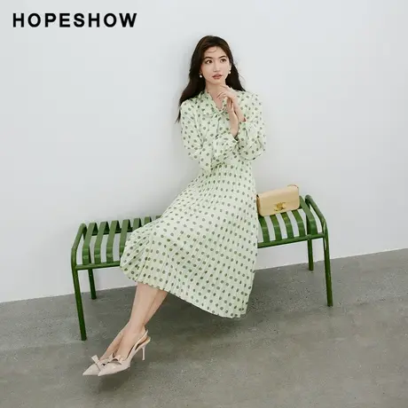 红袖法式飘带领套头连衣裙hopeshow2024春季新款波点压褶长裙女图片