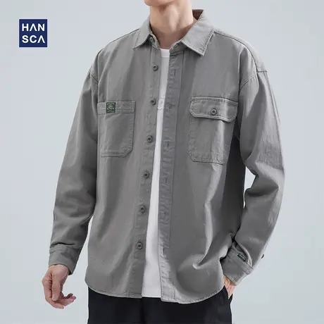 hansca宽松休闲衬衫男长袖春季新款美式潮牌复古灰色纯棉工装外套商品大图
