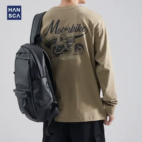hansca 260g重磅精梳棉长袖t恤男潮牌秋季圆领宽松摩托车印花上衣商品大图