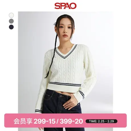 SPAO韩国同款2024年春季新款女士宽松长袖V领套头毛衣SPKWE12G53图片