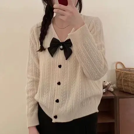 2024年春季新款小香风蝴蝶结毛衣针织开衫外套女初春小个子上衣女图片