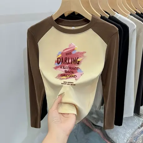 春秋季长袖t恤女圆领短款小个子设计感印花chic上衣甜辣圆领显瘦商品大图