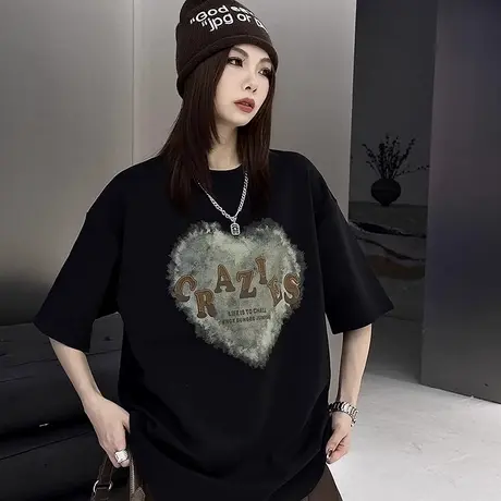 白色短袖女纯棉正肩t恤半袖衫夏季2024新款韩系原宿风中长款上衣商品大图