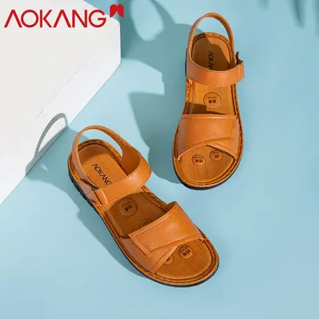 奥康凉鞋女2021夏季平底中跟中老年真皮妈妈凉鞋舒适软度舒适防滑商品大图