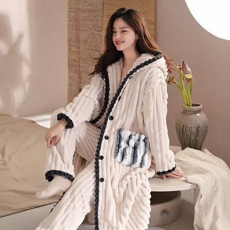 婷美秋冬睡衣女珊瑚绒睡袍高档宽松春秋季简约加绒加厚家居服套装商品大图