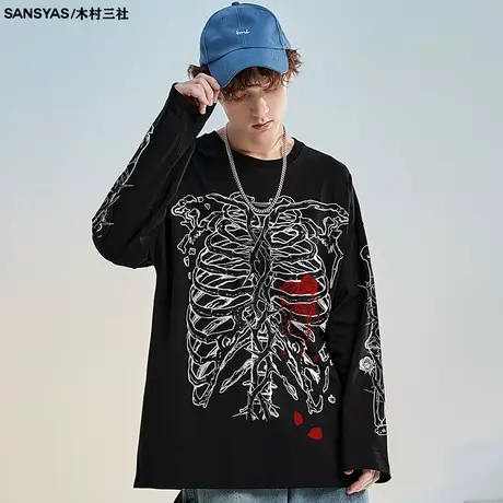 木村三社2022年新款纯棉美式高街长袖t恤男高街风格上衣男ins潮商品大图