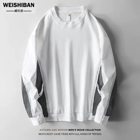 美式个性小众拼接宽松卫衣男2022年潮牌痞帅圆领套头外穿炸街上衣商品大图