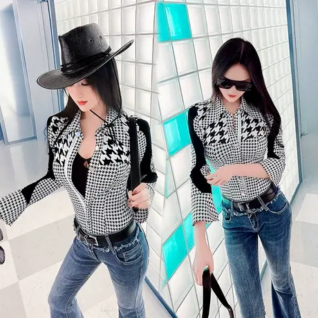 VJE时尚设计感千鸟格拼接衬衫女早春百搭洋气修身内搭上衣商品大图