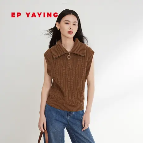 EP YAYING雅莹女装 羊毛羊绒翻领宽松针织背心 2023秋冬新款9009A商品大图