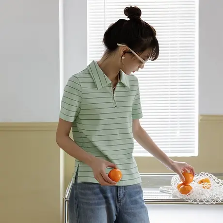 omont蛋挞家 复古条纹短袖针织polo衫女夏季新款休闲短袖T恤上衣商品大图