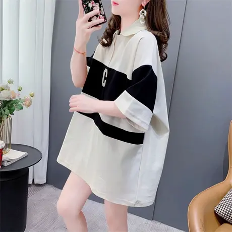 POLO衫短袖t恤女中长款2023新款夏季宽松慵懒风条纹休闲日系上衣商品大图