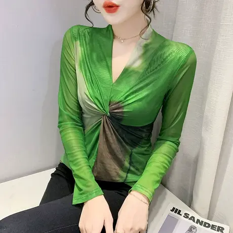 气质女装2023新款潮性感V领网纱T恤长袖修身打底衫设计感扭结上衣商品大图