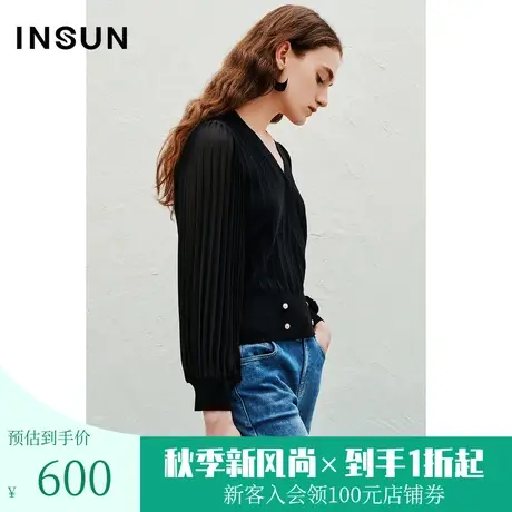 恩裳2023年春季新款精致优雅毛拼梭针织衫压褶袖羊毛上衣图片