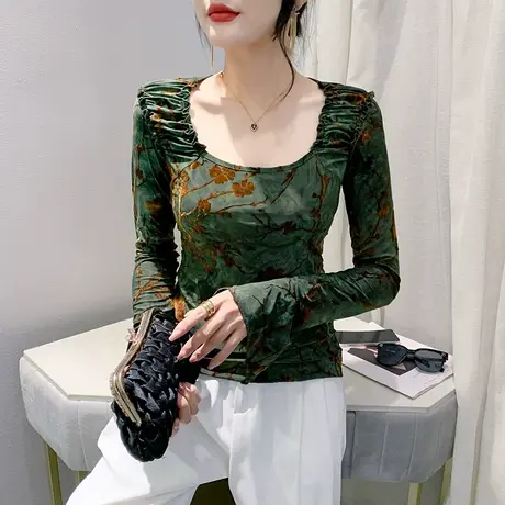 复古植绒网纱T恤女长袖性感扎染印花上衣洋气修身减龄百搭打底衫商品大图