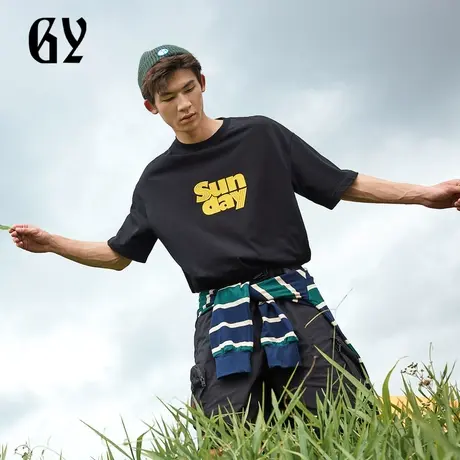 雅戈尔奥莱 GY男装夏纯棉字母印花短袖t恤男士宽松圆领休闲T恤棉商品大图