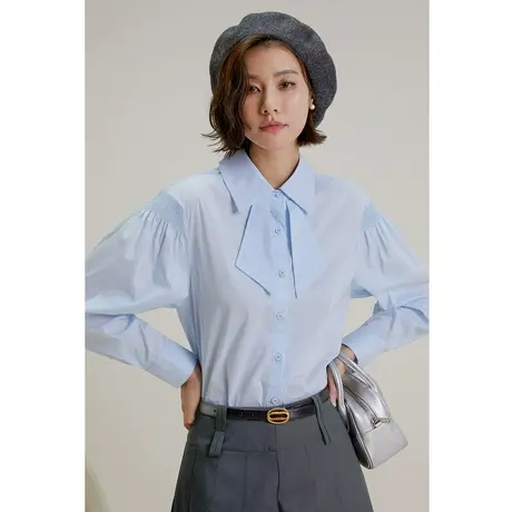 弥古法式蝴蝶结衬衣设计感高级小众宫廷风上衣女秋季宽松蓝色衬衫商品大图