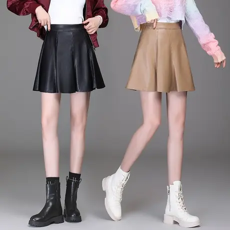 a字小皮裙女2023新款春秋百搭洋气PU皮短裙显瘦百褶伞裙半身裙子图片