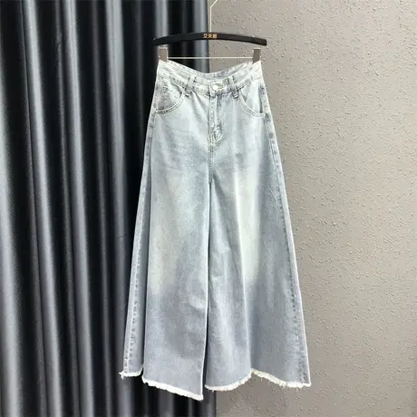 欧货浅色大码休闲牛仔裤女2023早秋新款高腰宽松显瘦百搭阔腿裤潮商品大图
