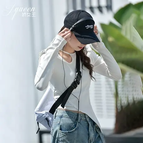 长袖T恤女秋季新款设计感镂空上衣修身显瘦百搭不规则正肩打底衫图片