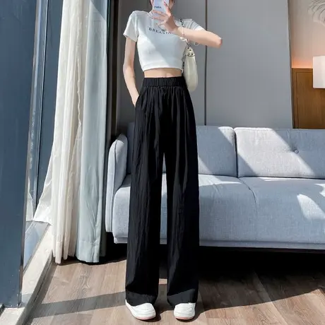 黑色棉麻阔腿裤女夏季薄款高腰垂感防晒休闲慵懒山本裤褶皱冰丝裤商品大图