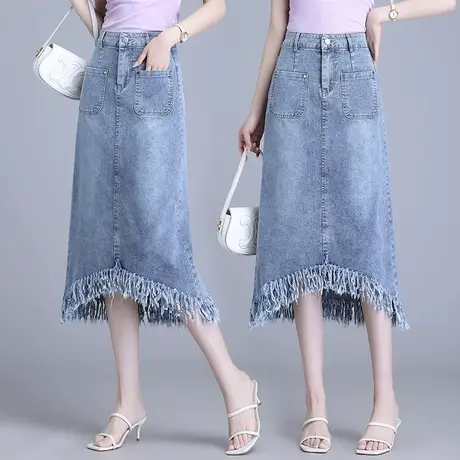 浅色牛仔长裙女夏薄款不规则开叉半身裙2023新款设计感流苏包臀裙图片