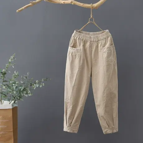 秋装新款灯芯绒休闲裤女百搭外穿韩版宽松松紧高腰九分哈伦裤长裤图片