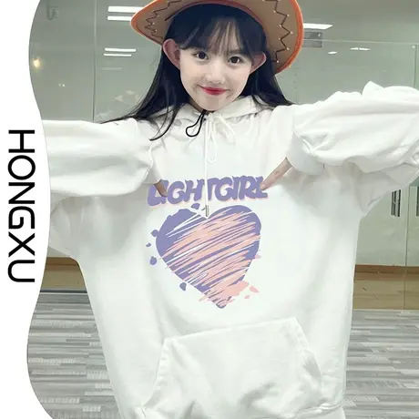 红续秋冬日系甜美学院风白色印花卫衣ins超火抽绳连帽上衣加绒图片