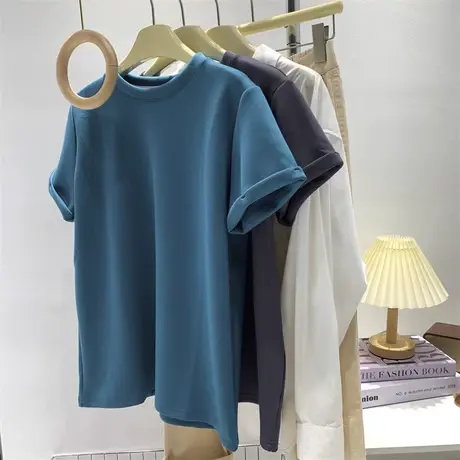 空气层卷边短袖T恤女孔雀蓝宽松休闲质感百搭上衣韩版纯色打底衫商品大图