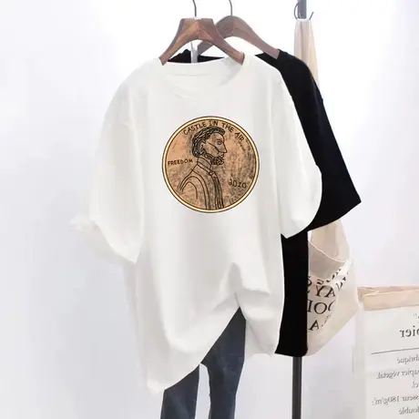 夏季新款薄款白色短袖t恤女装短款大码宽松半袖百搭纯棉国潮上衣图片