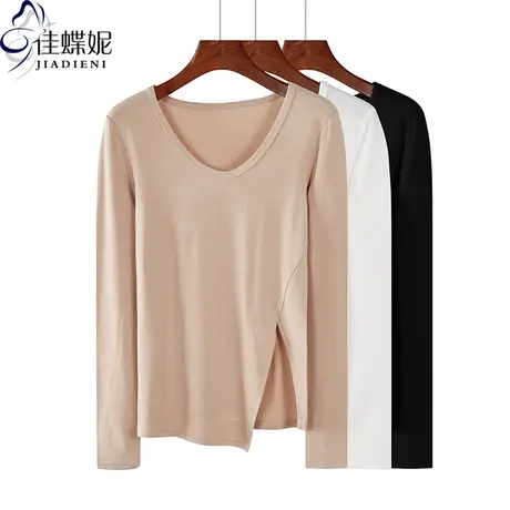 秋季新款韩版纯白圆领修身显瘦开叉纯色长袖体恤上衣内搭打底衫女商品大图