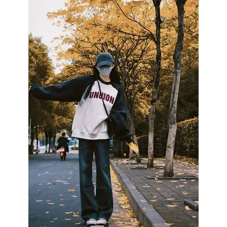 插肩袖圆领卫衣女小个子宽松春秋薄款美式复古高级感港风chic上衣商品大图