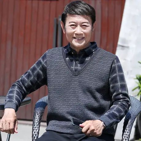 爸爸秋冬装毛衣加绒加厚假两件中年男士针织打底衫老人保暖上衣服商品大图