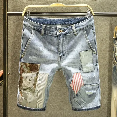 潮牌拼接个性补丁牛仔短裤男斜口袋五分裤夏季痞帅炸街破洞裤子薄商品大图