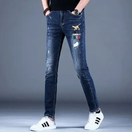 2023秋款男款新款牛仔裤男刺绣破洞修身小脚蓝色高端潮牌休闲裤仔商品大图